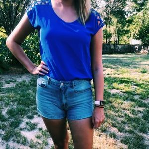 Blue sheer shirt with criss cross sleeves